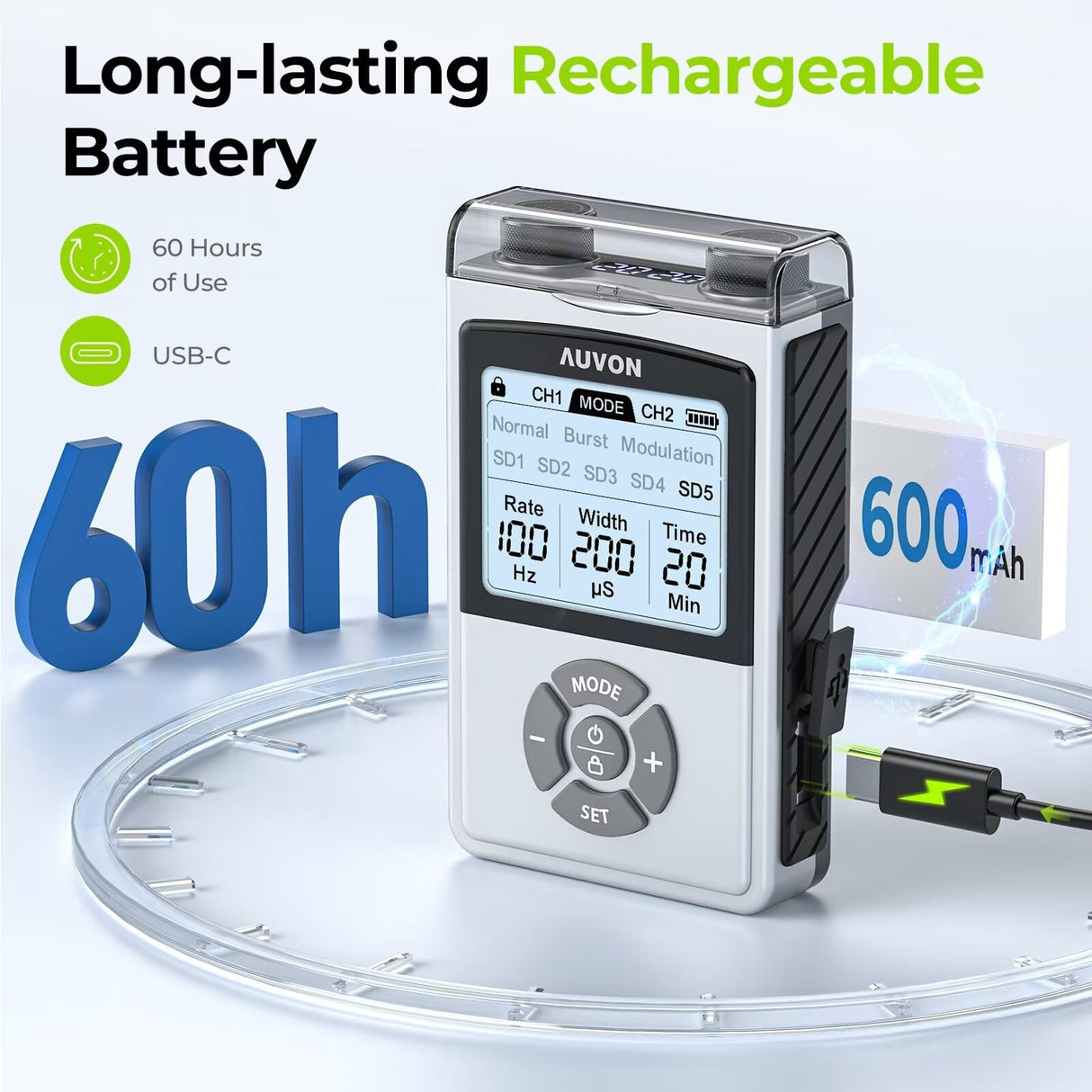 AUVON Rechargeable Digital TENS Unit Muscle Stimulator with 600 mAh Battery, TENS Machine with 8 Customizable Modes, Electric Massager for Shoulder, Back Pain Relief, 6 TENS Pads, A Carry Case