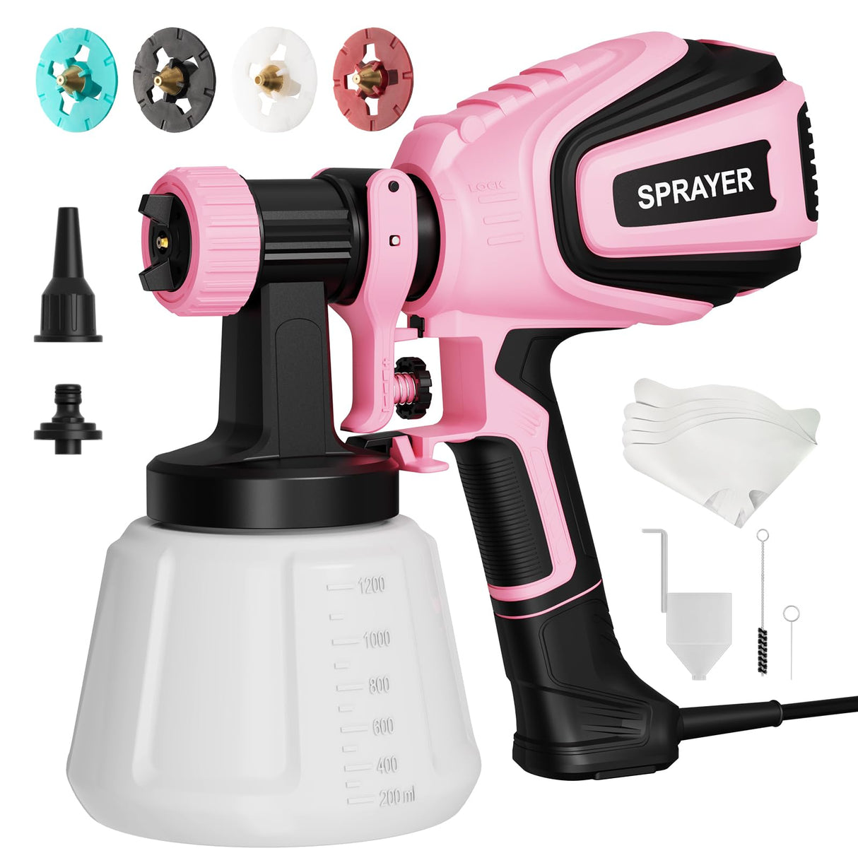 Paint Sprayer, 700W HVLP Paint Spray Gun with Cleaning & Blowing Joints, 4 Nozzles and 3 Patterns, Easy to Clean, for Furniture, Cabinets, Fence, Walls, Door, Garden Chairs etc. VF803 Pink