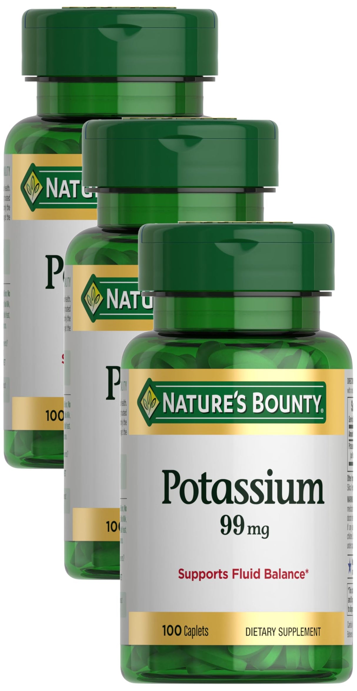 Nature's Bounty Potassium 99mg, Supports Fluid Balance and Muscle Activity, Involved in Normal Heart Function, Potassium Gluconate Dietary Supplement, 1 Per Day, 100 Vegetarian Caplets (Pack of 3)