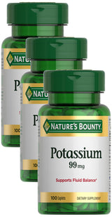 Nature's Bounty Potassium 99mg, Supports Fluid Balance and Muscle Activity, Involved in Normal Heart Function, Potassium Gluconate Dietary Supplement, 1 Per Day, 100 Vegetarian Caplets (Pack of 3)