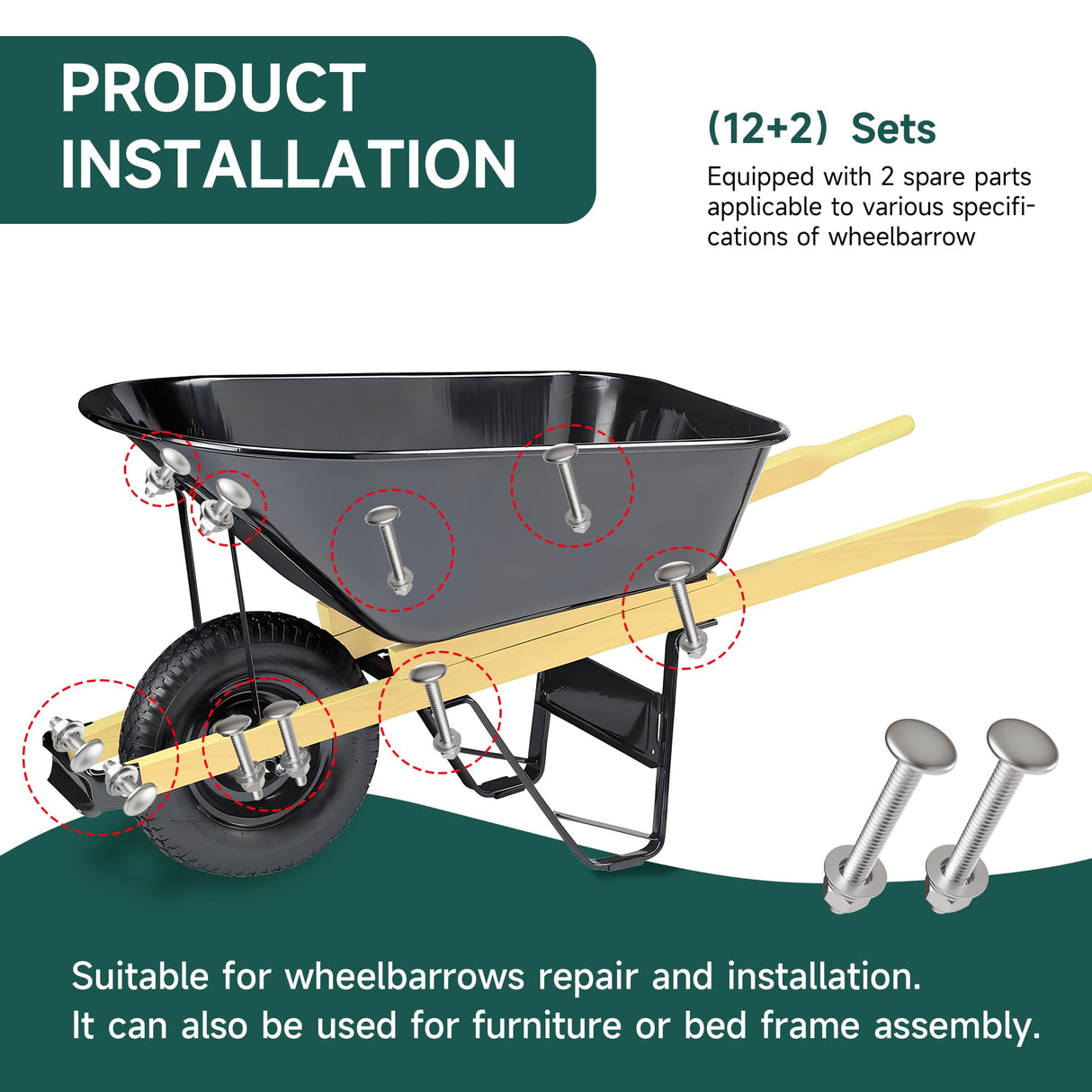 AIYOTAR 14Pcs Wheelbarrow Handles Replacement Kit, 304 Stainless Steel Wheel Barrow Handles Replacement Bolts Ultra Sturdy, Wheelbarrow Carriage Bolt Nut, Round Head Square Neck Bolt for Furniture