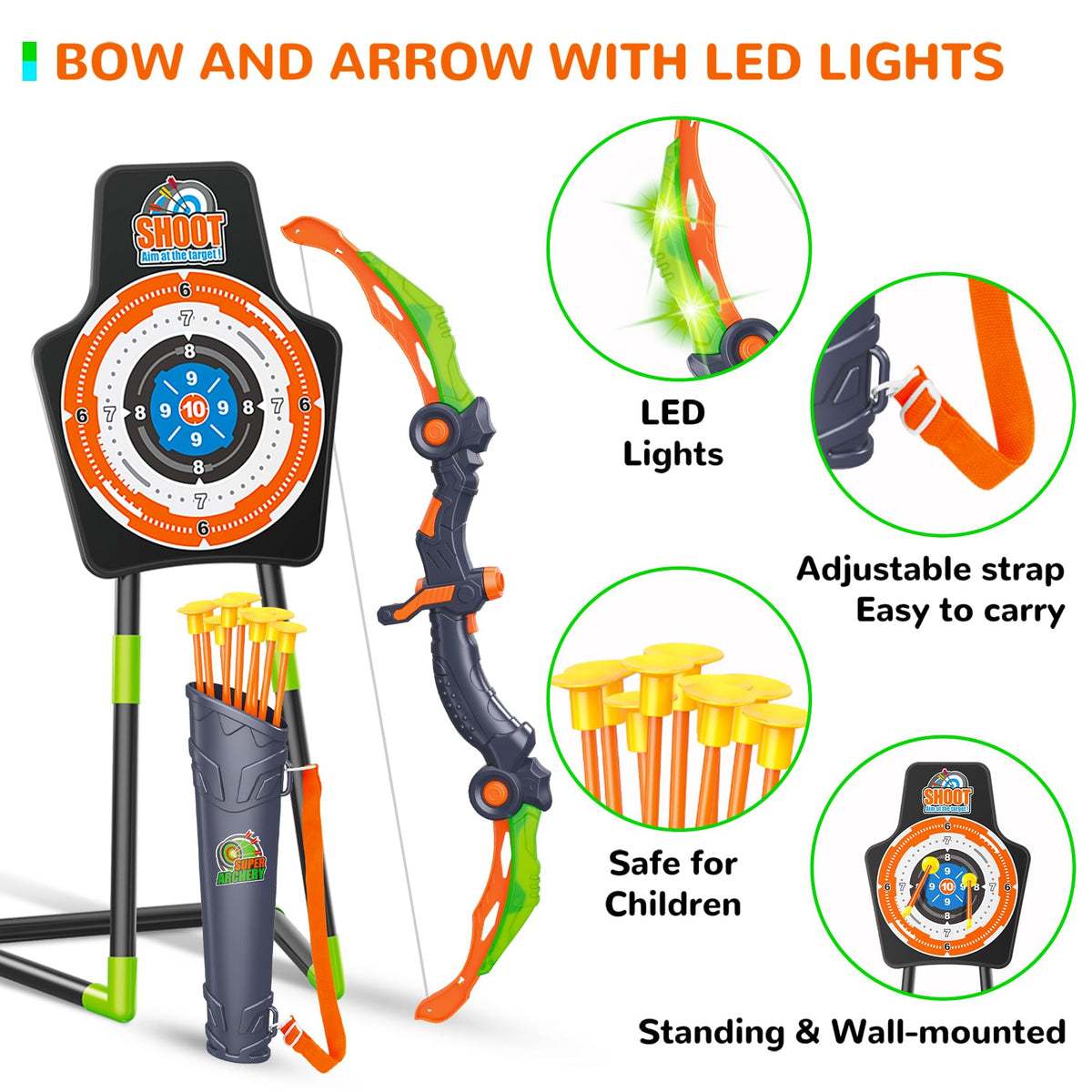 Bow and Arrow Toys for Kids, 2 Pack LED Light Up Archery Set Outdoor Indoor
