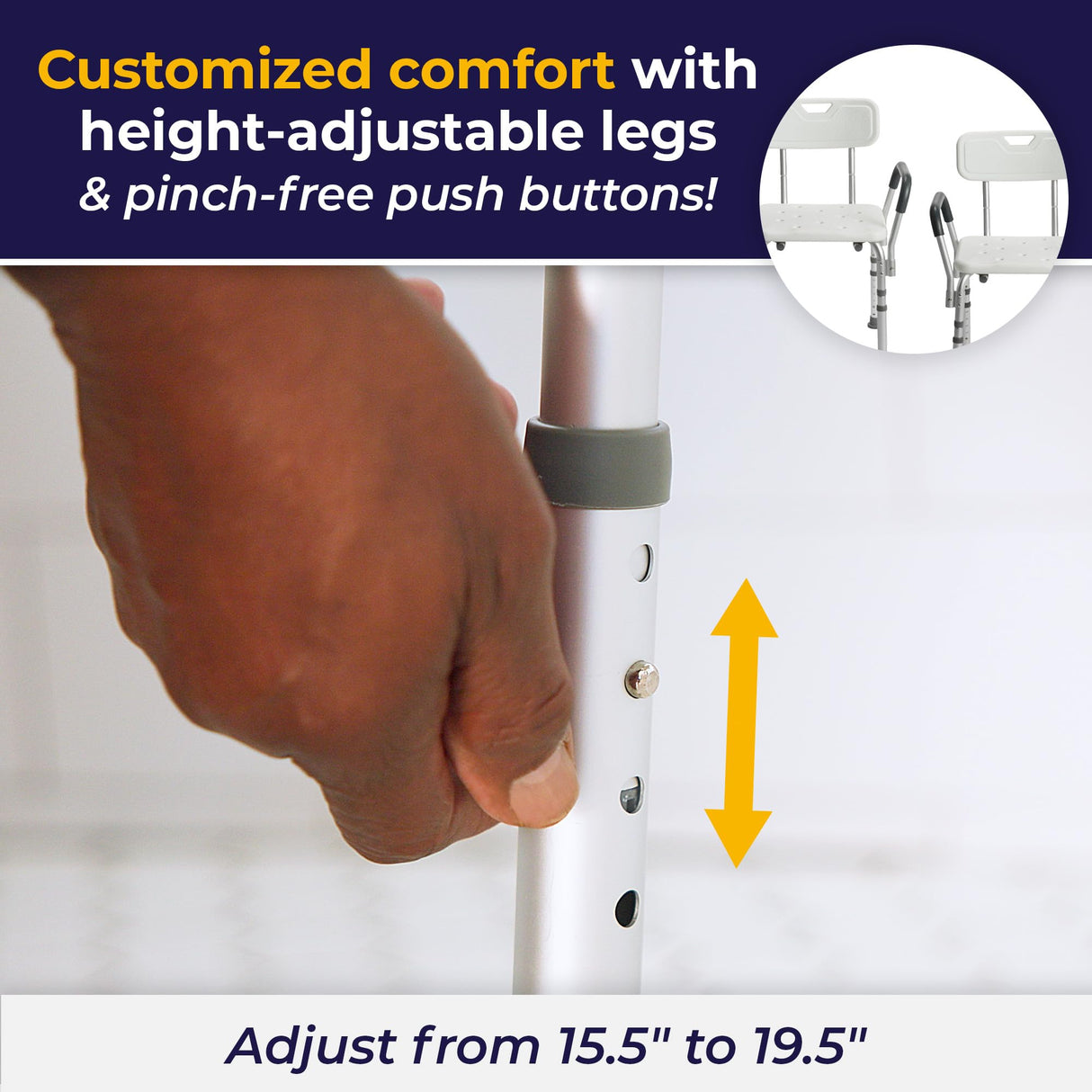 Drive Medical 12445KD-1 Shower Chair with Back and Padded Arms, Adjustable Height Bath Stool with Nonslip Feet, Tub Chair for Elderly, Bath Seat with Back, 350 LB Weight Cap, White