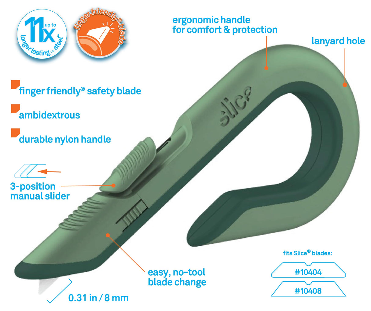 Slice Box Cutter, Heavy Duty Utility Knife, Safe Ceramic Blade Lasting 11x Longer than Metal, Sage, 1 Pack