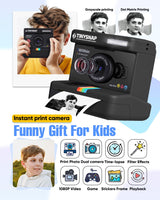 Eveedo Instant Print Camera for Kids,Dual Len Kids Cameras with 2.4 Inch Screen, Christmas Birthday Gifts for Girls Age 3-12, Portable Toddler Toy for 3 4 5 6 7 8 9 10 Year Old Girls Boys (Black)