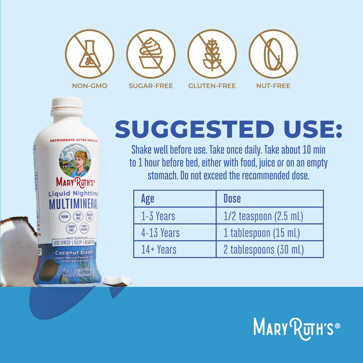 MaryRuth Organics Liquid Nighttime Multimineral | No Melatonin | Bedtime Routine | Magnesium Citrate | Calcium | Zinc | Vitamin D3| Available in 4 Flavors - Vegan | Sugar Free | Gluten Free | 32 Oz