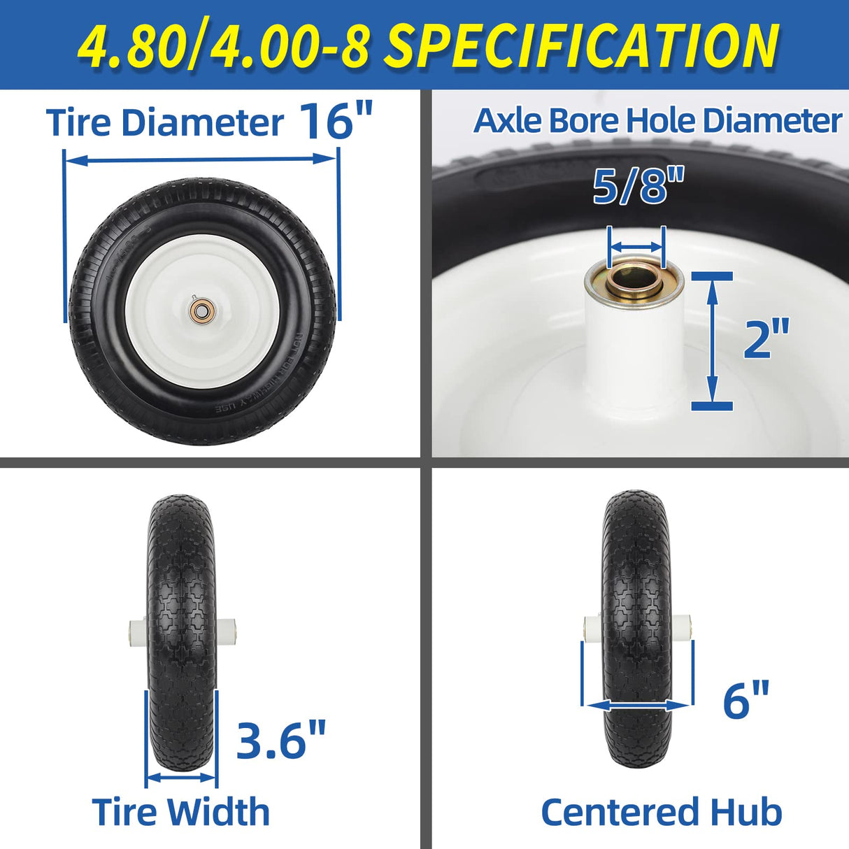 GICOOL 16" Solid Wheelbarrow Tire, 4.80/4.00-8" Flat-Free Tire and Wheel, 6" Centered Hub, 5/8" Axle Bore Hole for Wheel Barrow Garden Utility Cart Replacement
