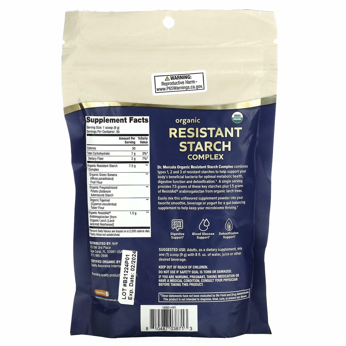 Dr. Mercola Organic Resistant Starch Complex - Supports Gut & Immune Health - Organic Green Banana, Tigernut Flour & Potato Starch - Gluten-Free & Soy-Free - Unflavored - 9.52 oz (30 Servings)