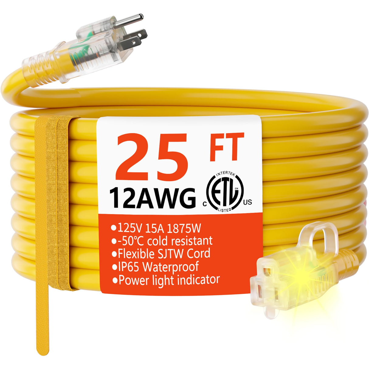 HUANCHAIN 12 Gauge Heavy Duty Outdoor Extension Cord 25 ft Waterproof with Lighted end, Flexible Cold-Resistant 3 Prong Electric Cord Outside, 15Amp 1875W 12AWG SJTW, Yellow, ETL