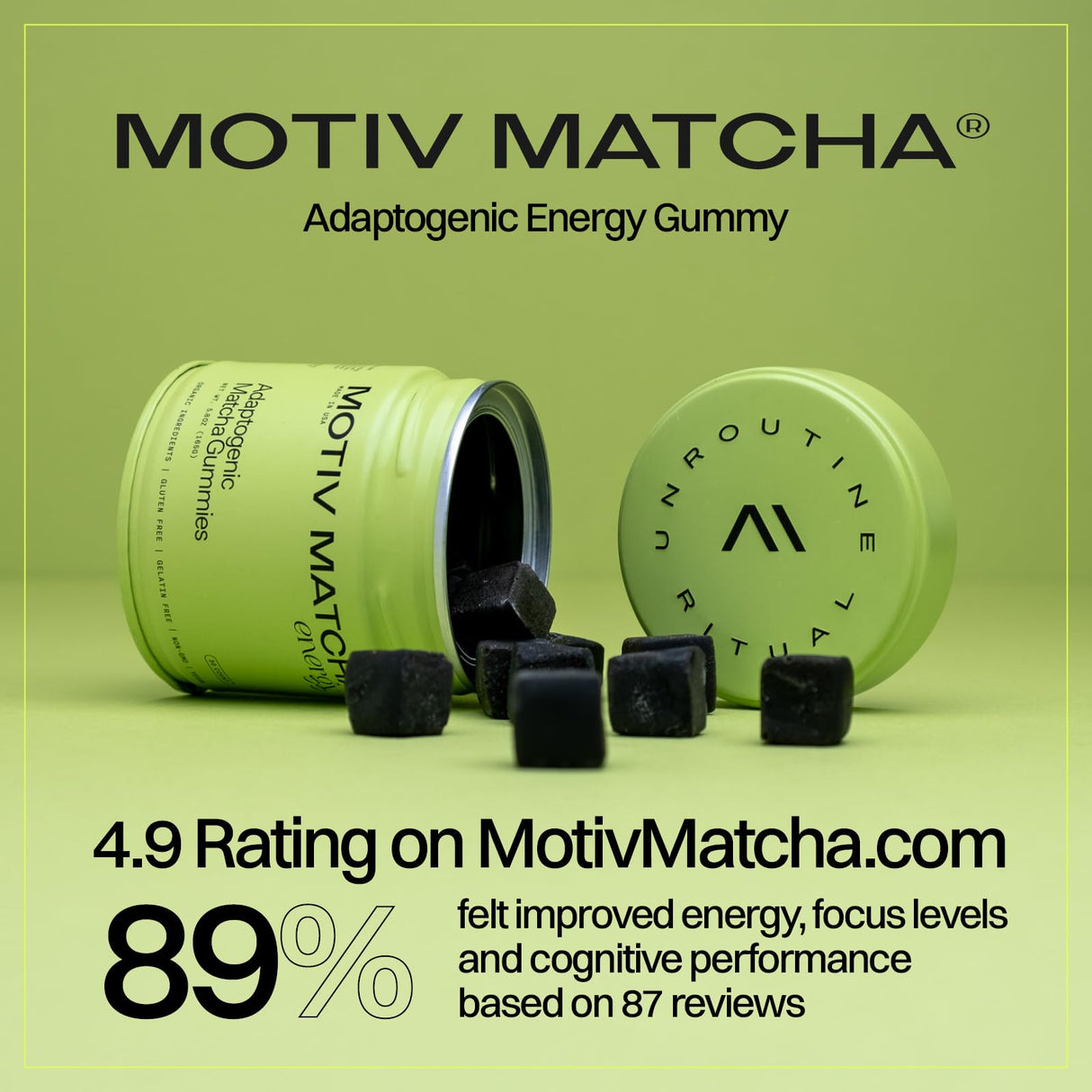 Motiv- Organic Matcha & Mushrooms Energy Gummies | 300 MG Concentrate Matcha Green Tea + Mushroom Blend | Improve Brain Function, Immune Support, Gut Health, Reduce Stress - Vegan, Non-GMO