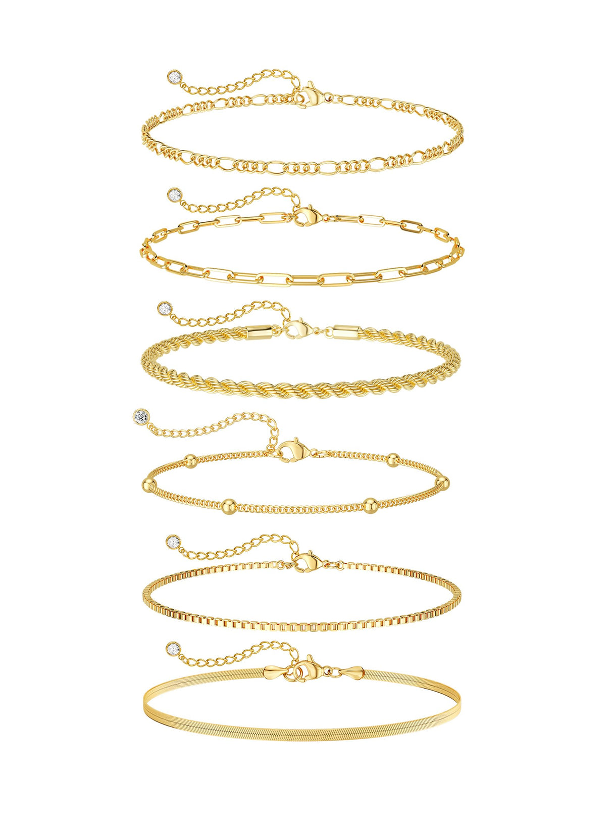 CTEEGN Anklets for Women, 14K Gold Plated 6 Pcs Layered Dainty Anklet Set - Tarnish Resistant Waterproof Brass Ankle Bracelet with Cuban Box Rope Figaro Snake Paperclip Chain, Adjustable 8.5"+2"