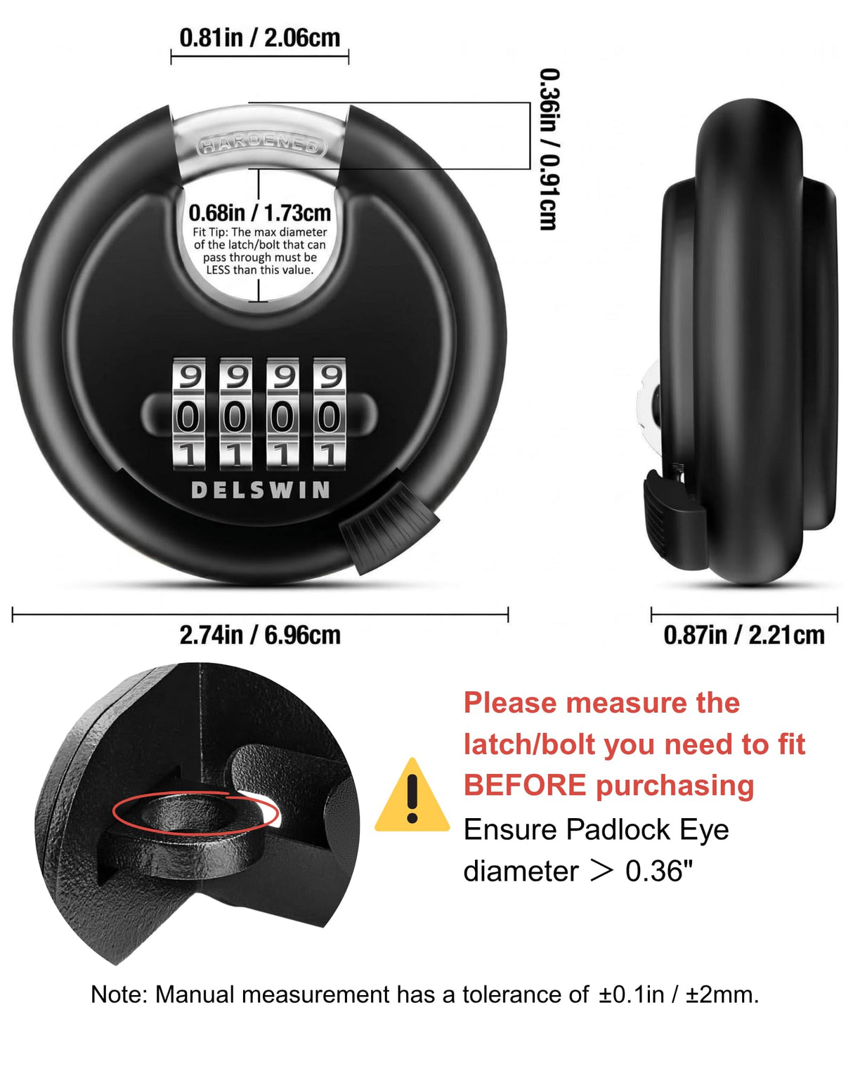 DELSWIN 4-Digit Disc Combination Lock Outdoor - Heavy Duty Combination Padlocks with Hardened Steel Shackle Weatherproof Combo Locks for Gates,Sheds,Fence,Storage Unit (3/8" Shackle, Black,2 Pcs)