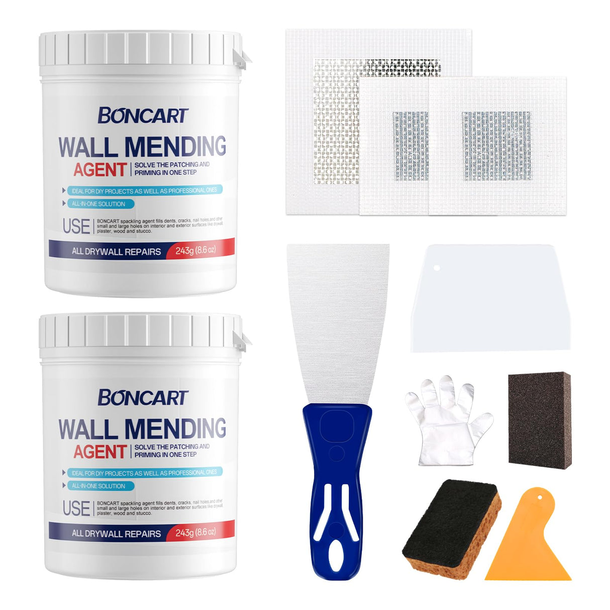 17.2oz Drywall Patch Repair Kit - Professional All-in-1 Tool Set (Scrapers/Sanding Sponge/Texture Sponge/Gloves/ Aluminum Patches/Putty Knife) for Fast Wall Hole Repair