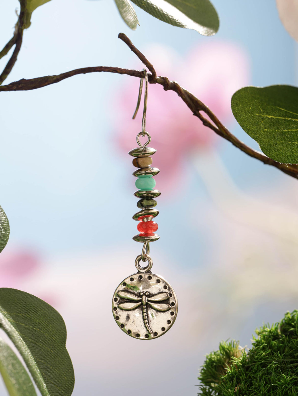 MINACHI Boho Dragonfly Silver-Tone with Stone Bead Accent Dangle Earrings