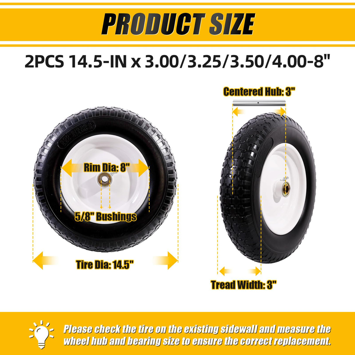 MZREXN 14.5" Flat-Free Wheelbarrow Tire and Wheel 4.00-8" Solid Tire