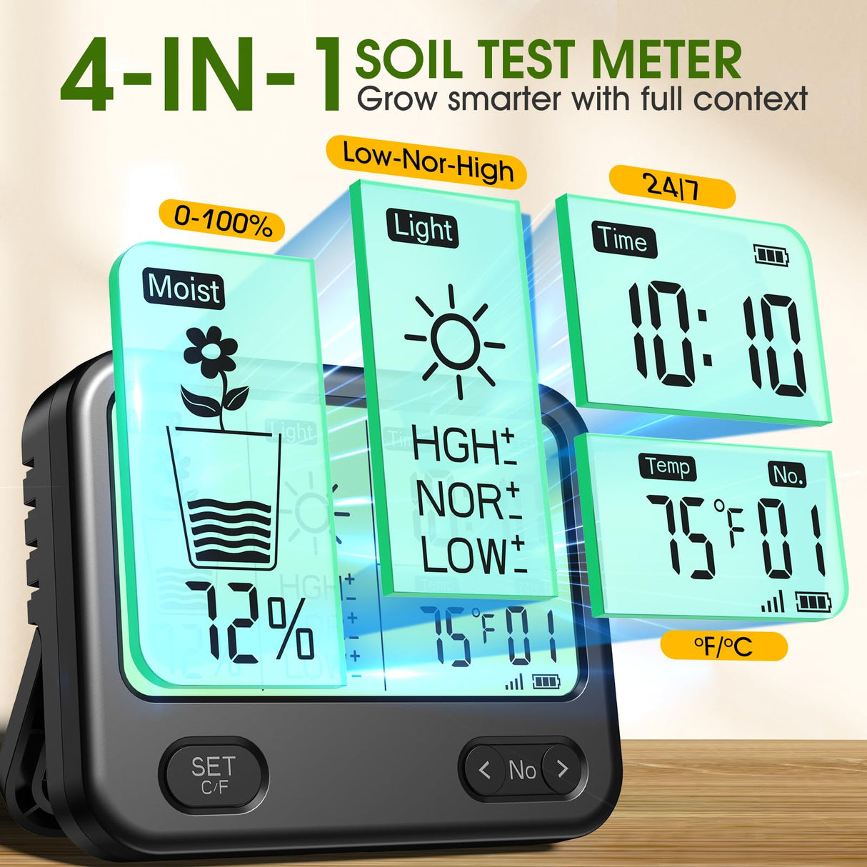 Soil Moisture Meter for Plants,4-in-1 Wireless Soil Tester,Soil Thermometer/Moisture/Sunlight Time,Large Screen,Indoor/Outdoor Plant Water Meter,Garden Soil Test Kit for Lawn,Farm,Houseplants