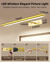 EZVALO Picture Light for Wall, 4800mAh Rechargeable Wireless Remote, 16in Dimmable Magnetic LED Art Display Light with 3 Color Temperatures, for Gallery, Living Room, Bedroom, Hallway (Gold)