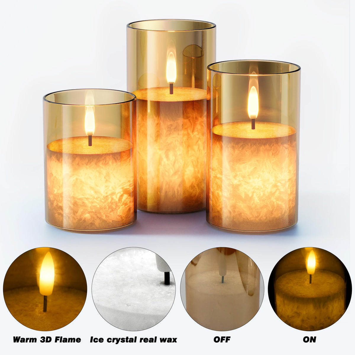 Battery Operated Flameless Candles with Remote & Timer, Gold Glass 3Pack