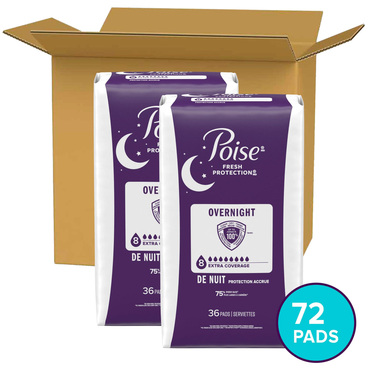 Poise Overnight Incontinence & Postpartum Pads for Bladder Leaks, 8 Drop Extra Coverage, 72 Count (2 Packs of 36), Packaging May Vary