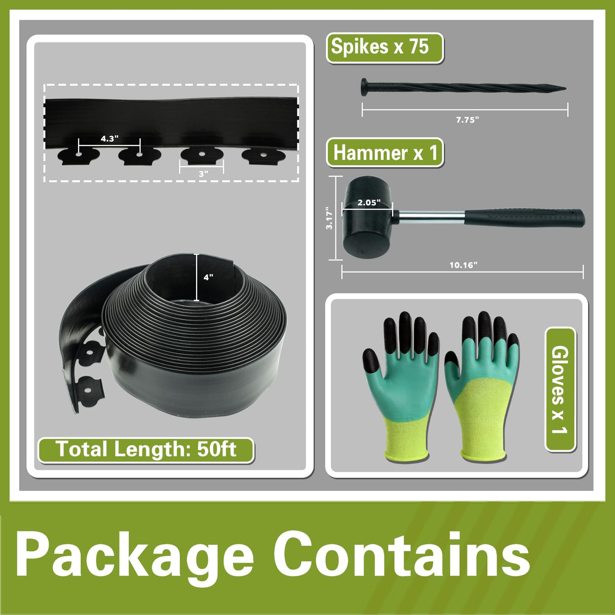 4in x 50ft No Dig Landscape Edging, Garden Edging Border with 75 Spikes, Hammer & Gloves, Tool-Free HDPE Lawn Edging Kit for Garden Yard Flower Beds Pathway Landscaping Project