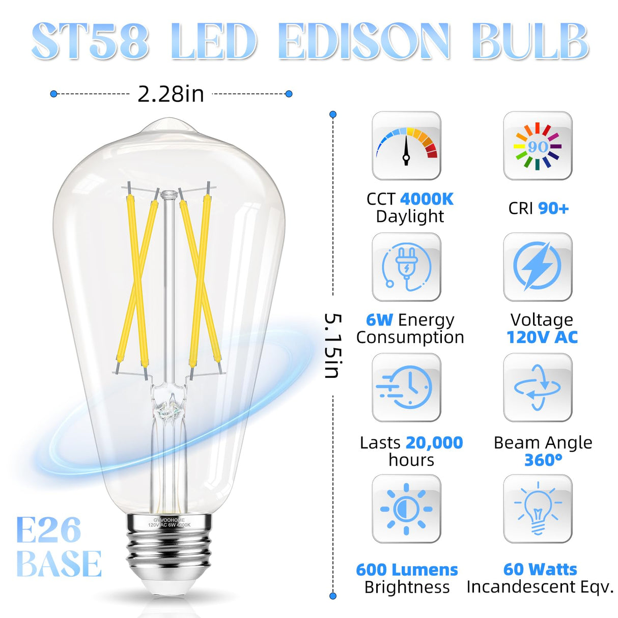 GvvooHome Edison Bulbs, E26 LED Bulb 60 watt Equivalent, Non-Dimmable, 4000K Daylight White, ST58 Vintage Light Bulbs, 90+ CRI, 6W 600LM, E26 Medium Base, Clear Glass, 6 Pack