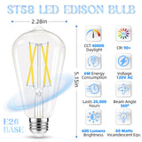 GvvooHome Edison Bulbs, E26 LED Bulb 60 watt Equivalent, Non-Dimmable, 4000K Daylight White, ST58 Vintage Light Bulbs, 90+ CRI, 6W 600LM, E26 Medium Base, Clear Glass, 6 Pack