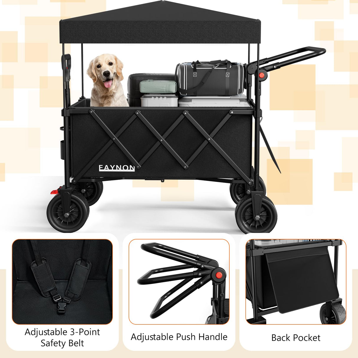3 in 1 Collapsible Wagon with 300lbs Weight Capacity,150L Heavy Duty Utility Cart with Removable Canopy,with Big All-Terrain Beach Wheels & Drink Holders,Black