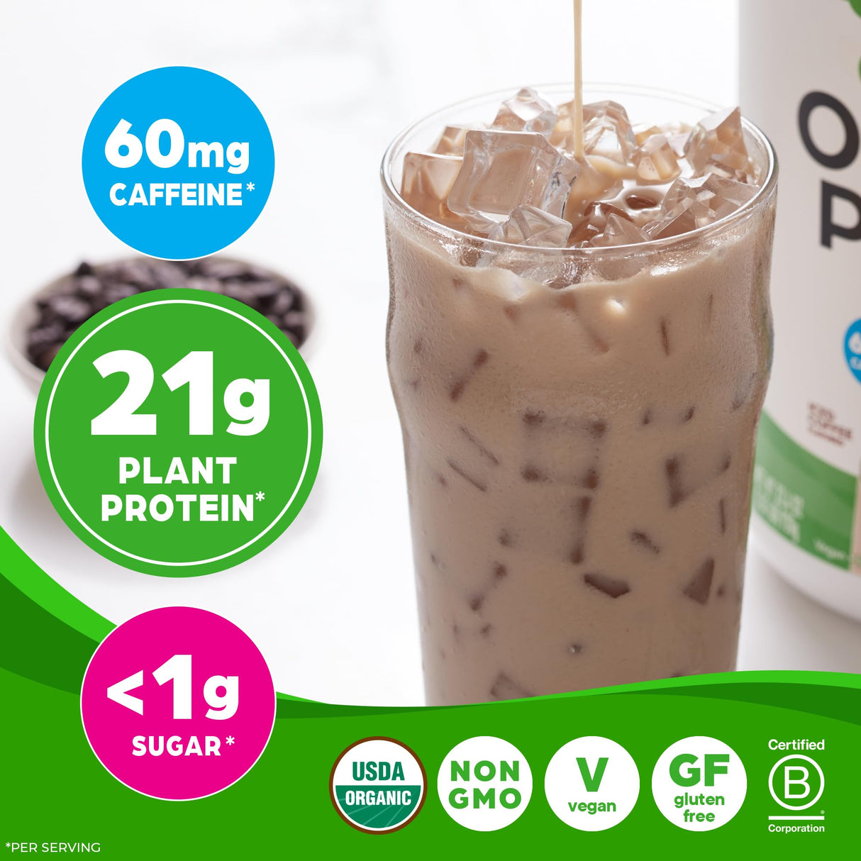 Orgain Organic Vegan Protein Powder, Iced Coffee - 21g Plant Protein, 60mg of Caffeine, Low Net Carb, No Lactose Ingredients, No Added Sugar, Non-GMO, For Shakes & Smoothies, 2.03 lb