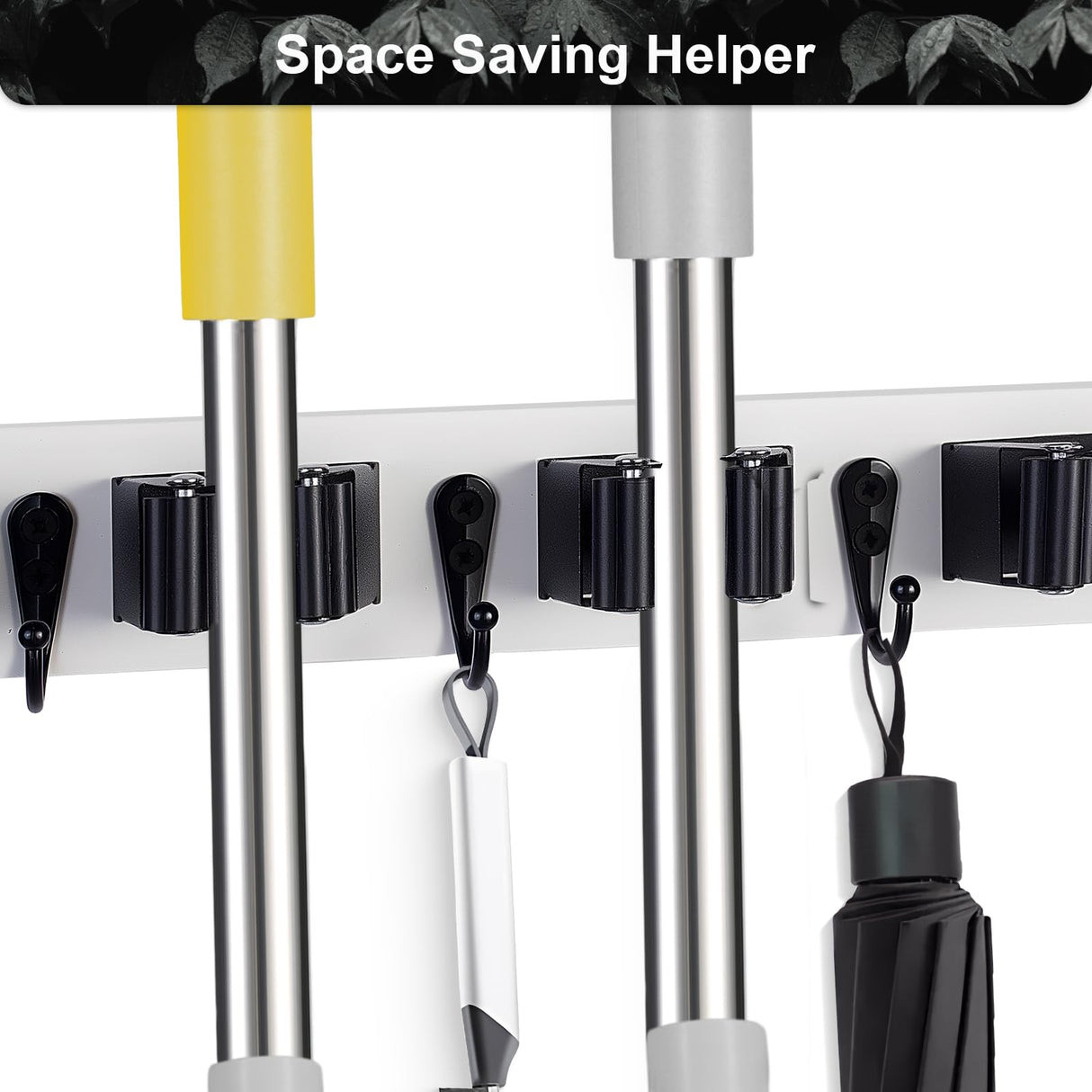 FunCee Broom Holder Wall Mount With 5 Slots & 4 Hooks，Rustic Wood Broom & Mop Hanger，Wall Mounted Garden & Garage Tool Storage Organizer Rack for Closet Laundry Room or Kitchen Wall Decor White