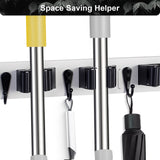 FunCee Broom Holder Wall Mount With 5 Slots & 4 Hooks，Rustic Wood Broom & Mop Hanger，Wall Mounted Garden & Garage Tool Storage Organizer Rack for Closet Laundry Room or Kitchen Wall Decor White