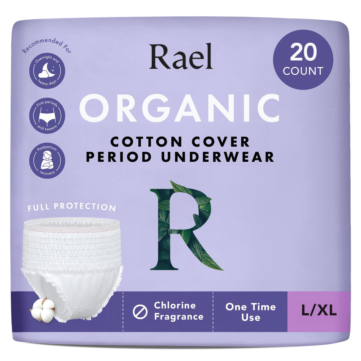 Rael Disposable Underwear for Women, Organic Cotton Cover - Postpartum Essentials, Leak Locker, Unscented, Maximum Coverage (Size L-XL, 20 Count)