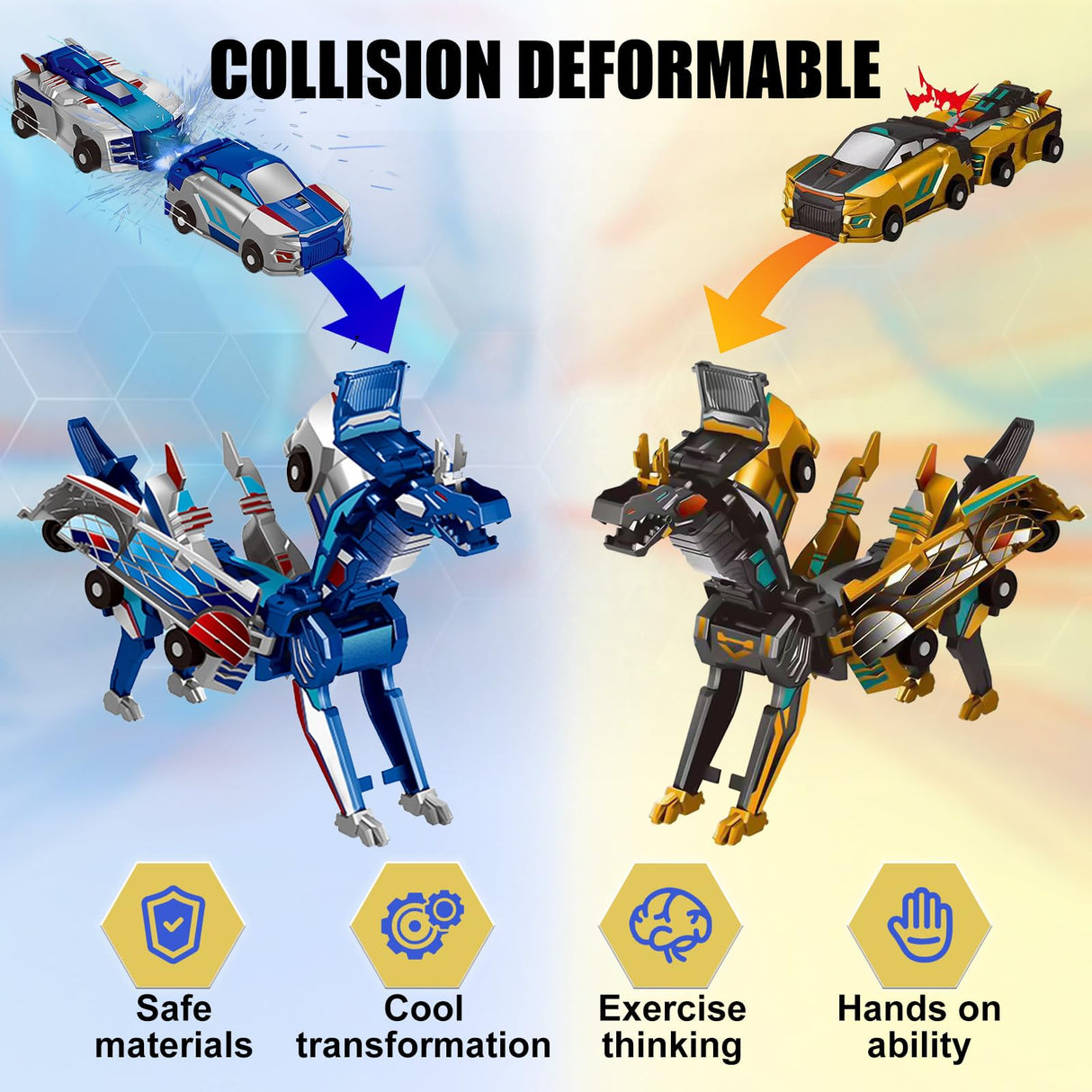 Transforming Dinosaur Toys, 2 in 1 Magnetic Cars Collision Transform into Dino Toys, for Boys Girls Toy Age 2-12, Christmas Birthday Gift (Gold Blue)