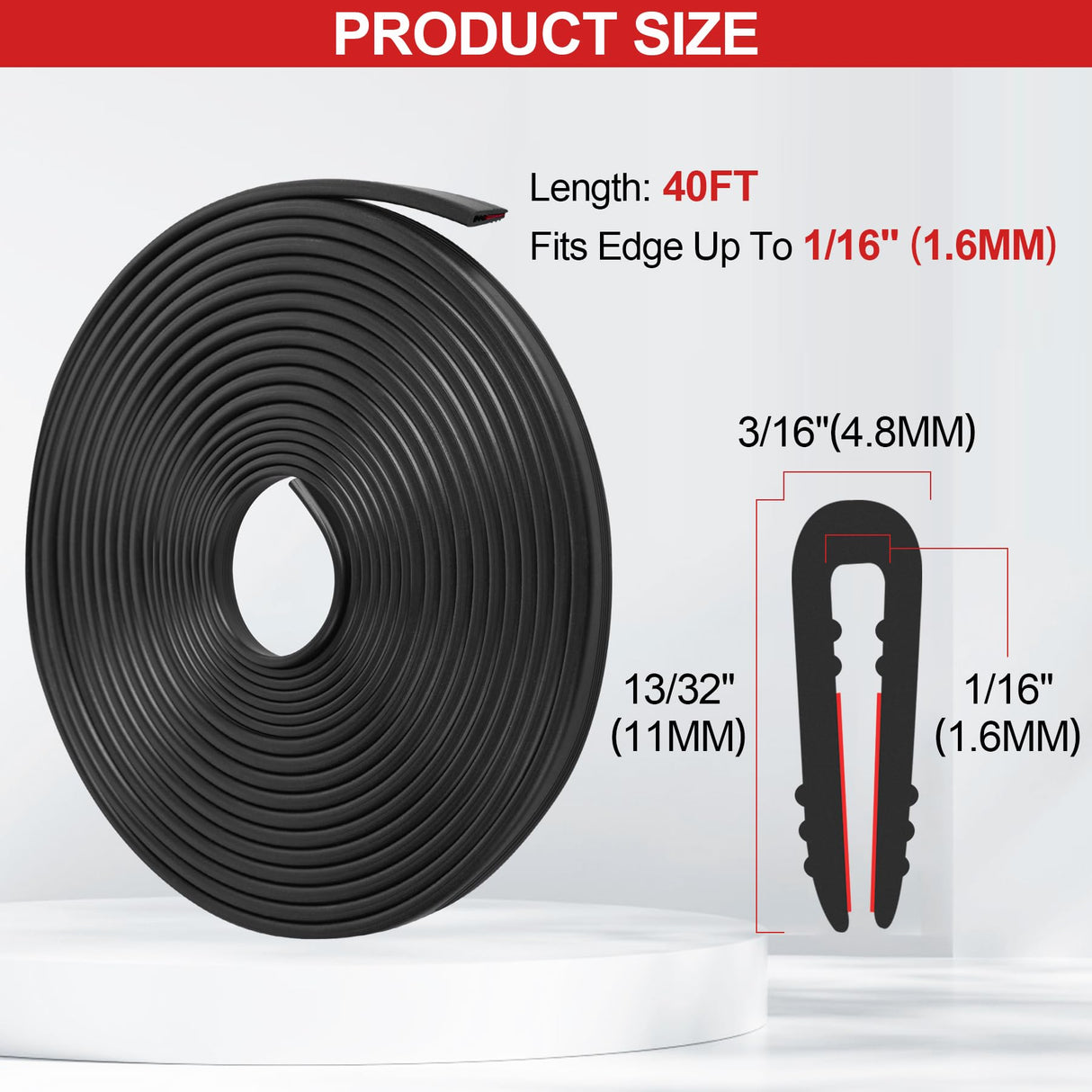 ToLanbbt Rubber Edge Trim U Channel - 1/16" Self Adhesive Sheet Metal Edge Guard Protector, EPDM Seal Strip for Car Doors, Steel Plates, Glass, Hatches, Table Corners, Fit 1/16"(1.6mm), 40Ft, Black