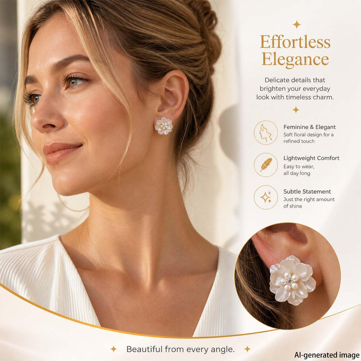 HETICA Camellia Pearl Stud Earrings for Women, White Floral Wedding Gift