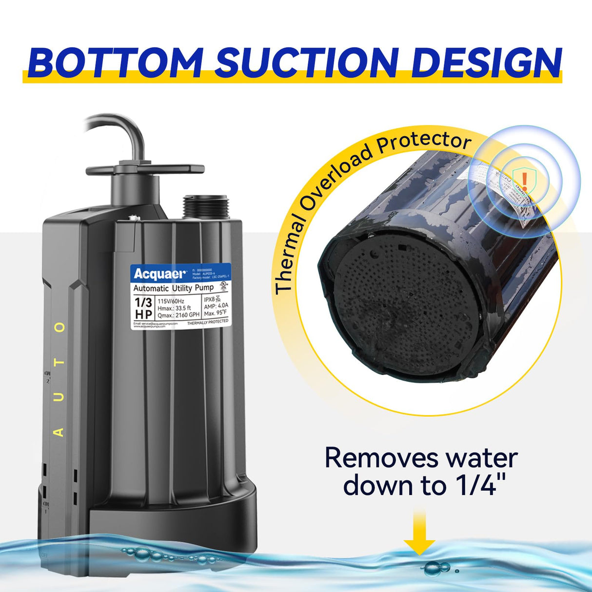 Acquaer 1/3 HP Submersible Water Pump, 115V Sump Pump with 3/4” Garden Hose Adapter, 2160 GPH High Flow Water Removal for Swimming Pool Cover Hot Tubs Flooded House Basement, Black