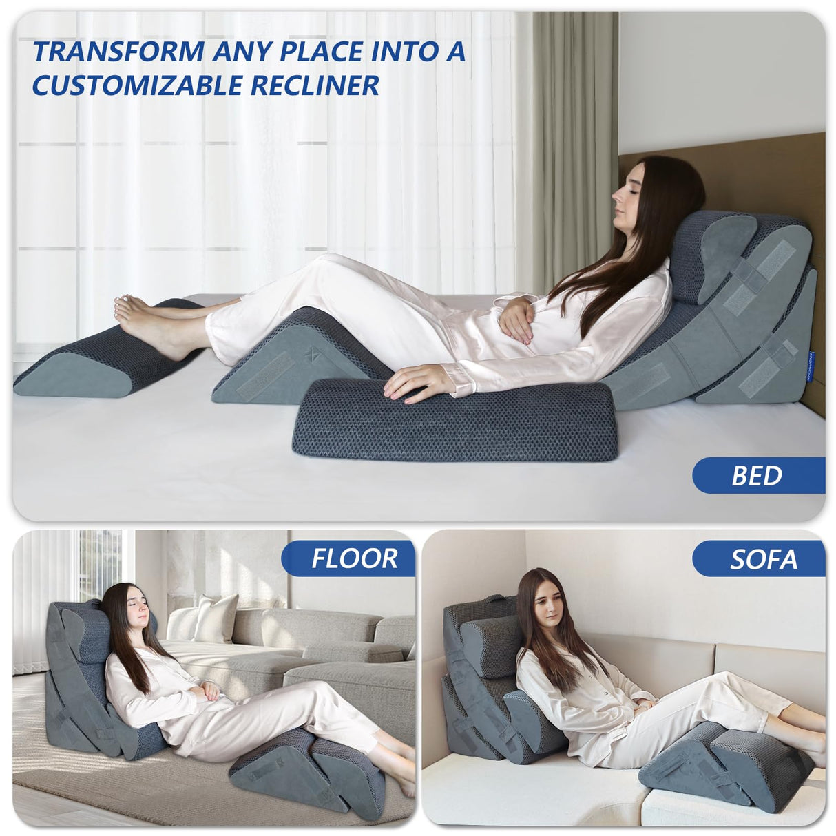 KingPavonini 6PCS Orthopedic Bed Wedge Pillow for Sleeping, Post Surgery Memory Foam for Back, Neck, Leg Support, Acid Reflux, Gerd with Travel Bag (Gray, 20'')