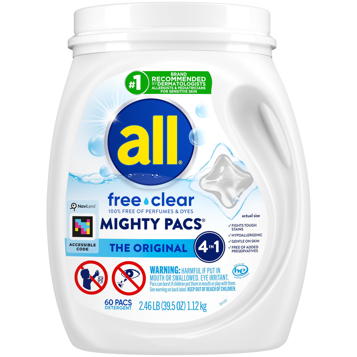 All Mighty Pacs Laundry Detergent, Free Clear for Sensitive Skin, Tub, 60 Count