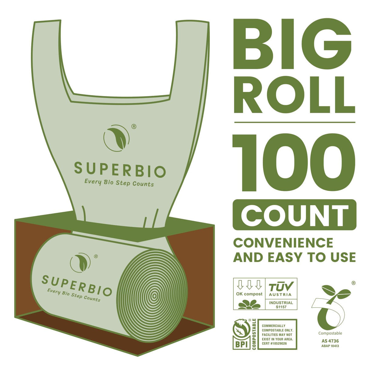 SUPERBIO 2.6 Gallon Compostable Bags with Handles, 100 Count,1 Pack, Food Scrap Bags Certified by BPI and OK compost INDUSTRIAL, 9.84L