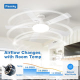 Passky Ceiling Fans with Lights, 52 inch Flush Mount Ceiling fan with Remote Control, Low Profile Ceiling Fan for Bedroom, Farmhouse, Reversible, 3CCT, Dimmable, Noiseless DC Motor, White