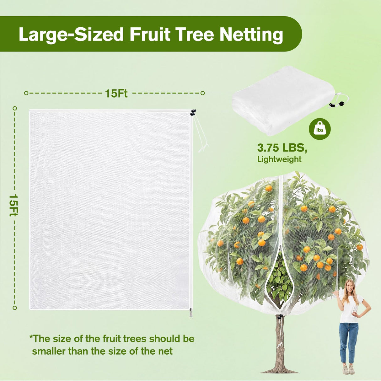 KEOHOLI 15FTx15FT Extra Large Fruit Tree Netting Reusable Durable Mesh Cover with Zipper and Drawstring for Fruit Tree Protection Cover from Birds Cicadas Squirrels and Insects