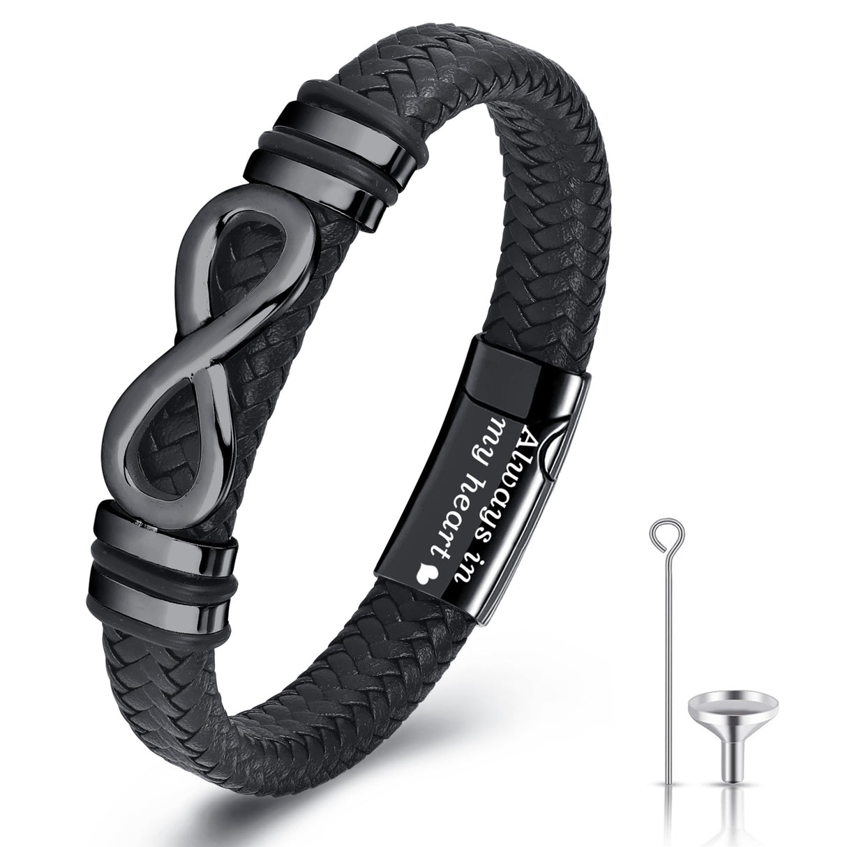 YOUFENG Urn Bracelet for Human Ashes Leather Cremation Black Infinity Bracelet Stainless Steel Keepsake Cuff Bangle Jewelry for Men