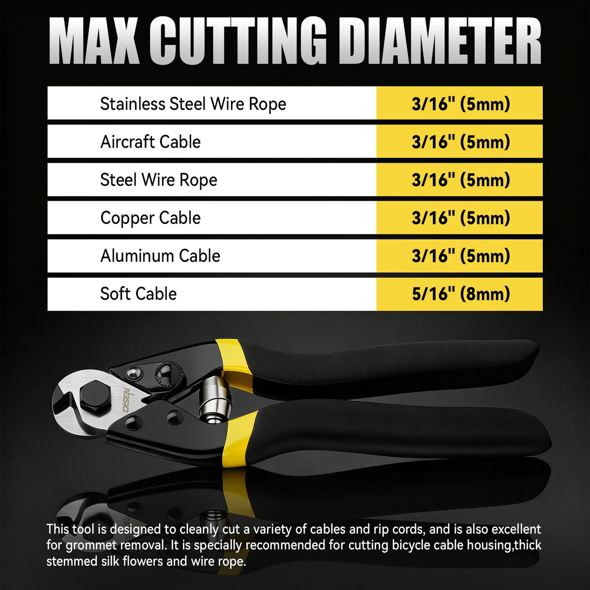 DISEN Wire Cutters Heavy Duty Cutting Up to 3/16", Metal Cable Cutters for Fence Thick Wire, Safety Lock, Spring Loaded, Non-slip Matte Handle, Chrome Vanadium Steel Jaw