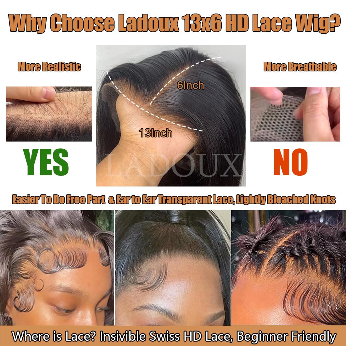 Ladoux 13x6 Lace Front Kinky Straight Wig HD Transparent Yaki Straight Frontal Closure Human Hair Wigs for Women 20Inch 180% Density Glueless Wig Pre Plucked With Baby Hair
