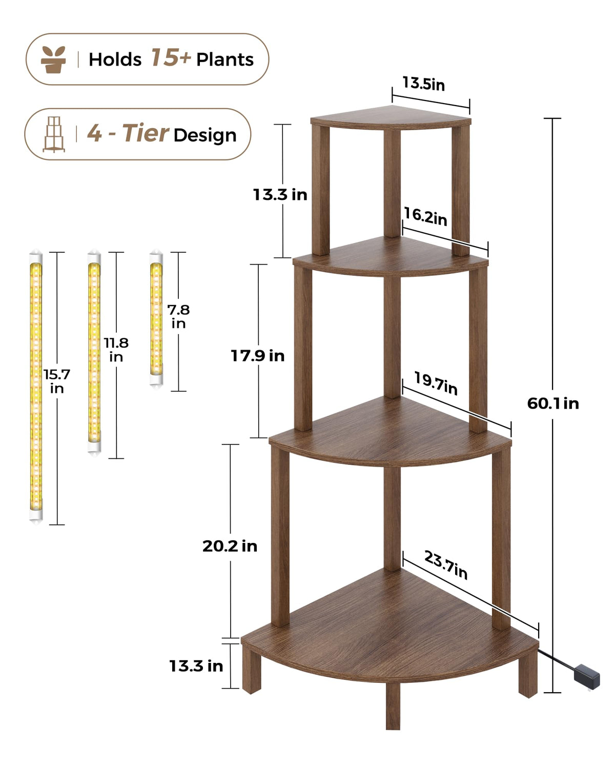 Bamworld Corner Plant Stand with Grow Lights 4-Tier Plant Stand Indoor Wood Plant Stand with Grow Light Tall Shelves Garden Decor for Living Room Balcony