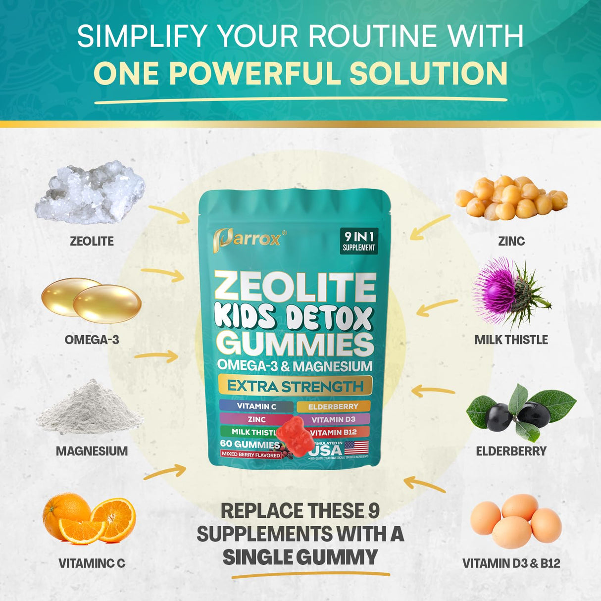 Parrox Zeolite Kids Gummies, 9-in-1 with Zeolite, Omega-3, Magnesium, Elderberry, Vitamin C, Milk Thistle, Vitamin D3, Zinc, B12 – Sugar-Free (60 Gummies – Mixed Berry Flavor)