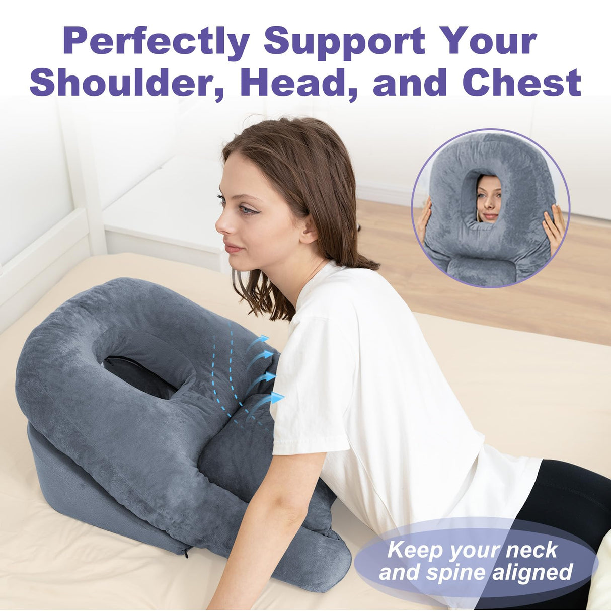 HOMCA Face Down Pillow After Eye Surgery - Home Massage Pillow Face Down for Bed, BBL Pillow After Surgery Stomach Sleeping Pillow with Shredded Memory Foam and Removable Cover