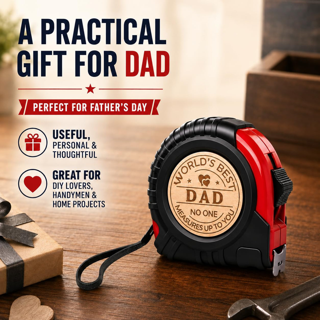 Fathers Day Dad Gifts from Daughter Son, Dad Gifts Personalized Engraved Tape Measure Birthday Woodworking Carpenter Tool Gifts for Men 25FT/7.5m (Dad)