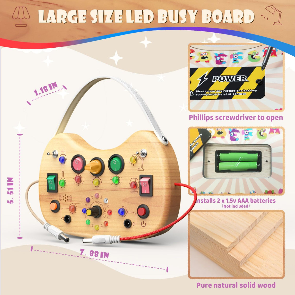UdoUto Montessori Wooden Busy Board for Toddlers with LED Light Lights & Switches,Portable Activity Board for Car & Airplane Travel Toys, Christmas & Birthday Gift for 1-3 Year Old Boys & Girls