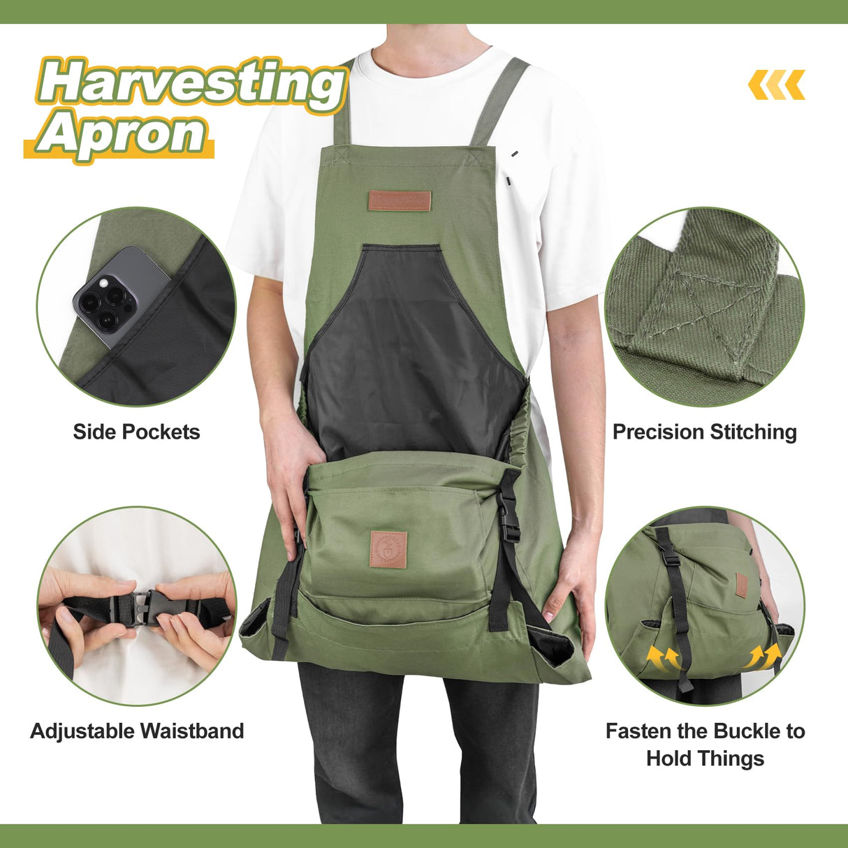 Berry&Bird Harvest Apron, Canvas Gardening Apron with Pockets and Harvesting Pouch Waterproof Harvesting Apron (Green)