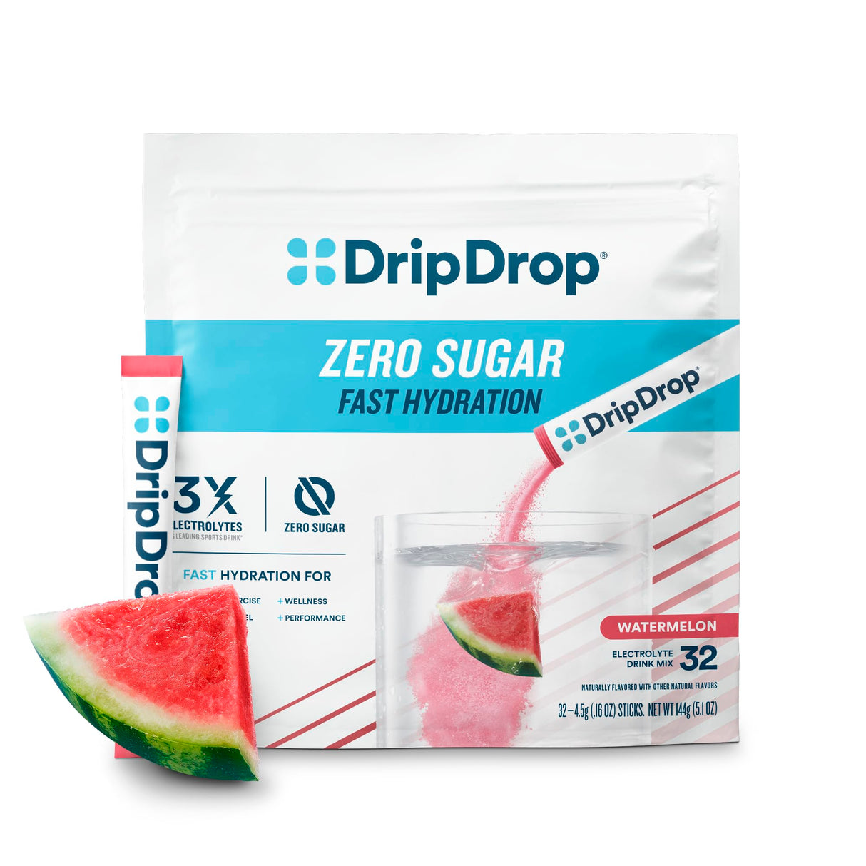 DripDrop Sugar Free Hydration Packets - Zero Watermelon - Single Serve Electrolytes Powder Drink Mix - Non-GMO, Gluten Free, Vegan - 32 Sticks